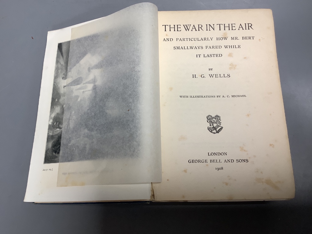 Wells, H.G. – The War in the Air, 1st edition, 16 plates (by A.C. Michael), half title, advert. leaf, publisher’s gilt-lettered and decorated blue cloth, 1908